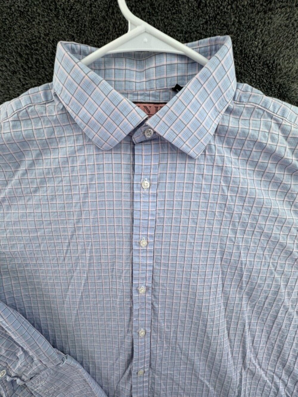 Thomas Pink Long Sleeve Button Up Shirt 17.5 35.5 Classic Fit Pink Blue Plaid